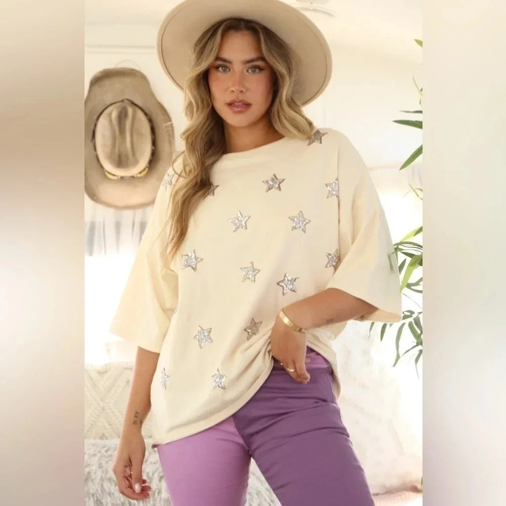 Peach Love - All Over Sequin Star Top - Size Small NEW